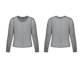 Ribbed crew neck knit sweater technical fashion illustration with long sleeves, oversized body. Flat outwear apparel template front back grey color. Women men unisex shirt top CAD mockup