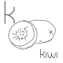 Coloring page fruit and vegetable ABC, Letter K - kiwi, educated coloring card