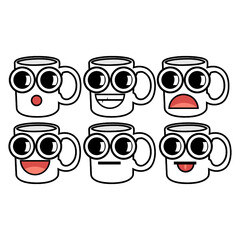 set of funny cartoon cups, vector ilustration of funny cartoon cups, funny cartoon emoji sticker