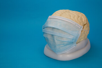Mental Health Concept. Human Brain Wearing Face Mask.