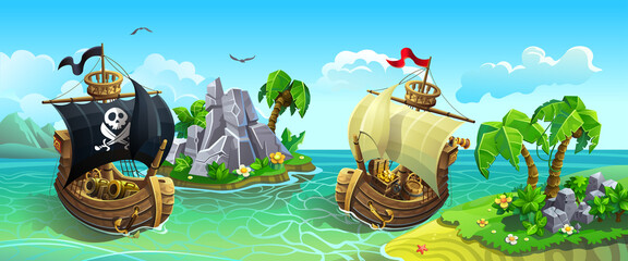 Vector panorama of wooden sailing ships among tropical islands. Pirates hunt for treasure. © Vladislav K