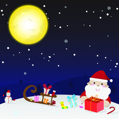 Fototapeta na wymiar santa claus cartoon with snowman and sleigh for surprise delivery christmas gifts at the moon and snow fall, Merry Christmas and Happy New Year, creative design background, vector illustration