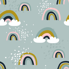 Rainbow, hand drawn backdrop. Colorful seamless pattern with clouds. Decorative cute wallpaper, good for printing. Overlapping colored background vector. Design illustration