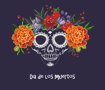 Vector sugar skull with marigold and roses embroidery flowers illustration in watercolor style. Dia de los muertos day. Halloween poster background, greeting card or t-shirt design on dark backdrop
