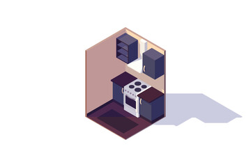 Isometric low poly kitchen isolated on white background. There are stove, oven, shelves, lockers.  Vector illustration