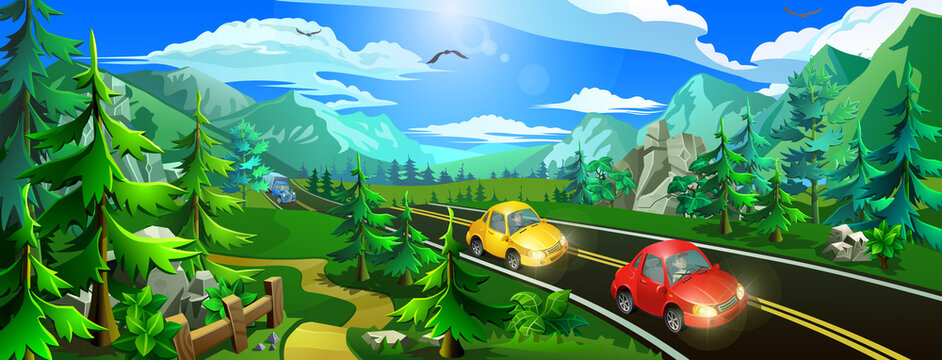 Road with cars in the forest. Yellow and red cars ride among green trees and mountains. Vector illustration