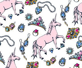 Vector background hand drawn jewellery and unicorn. Hand drawn ink illustration. Modern ornamental decorative background. Vector pattern. Print for textile, cloth, wallpaper, scrapbooking