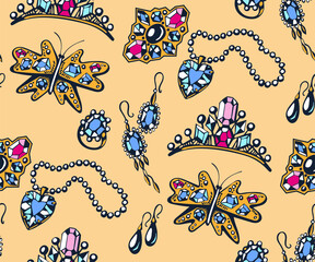 Vector background hand drawn jewelery. Hand drawn ink illustration. Modern ornamental decorative background. Vector pattern. Print for textile, cloth, wallpaper, scrapbooking