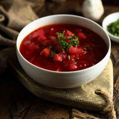 Traditional homemade beetroot soup with fresh parsley