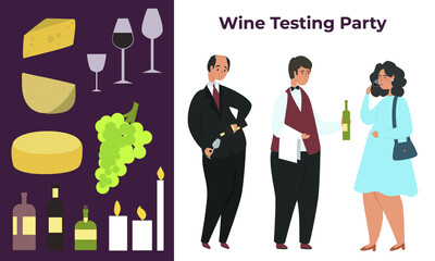 Wine tasting flat vector illustration. Alcohol Tasting Events, taste, color, aroma. People at an alcohol testing event, event for tourists concept. Cheese, candles, grapes, bottles, glasses isolated.