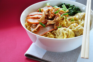 Close up Big Bowl of Wanton Mee Grilled Pork