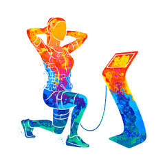EMS training. Abstract girl doing squats in suit with cables from splash of watercolors. Vector illustration of paints - obrazy, fototapety, plakaty