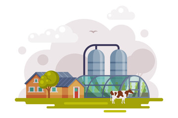 Obraz na płótnie Canvas Farm Scene with Country House, Greenhouse and Silo Storehouse, Summer Rural Landscape, Agriculture and Farming Concept Cartoon Vector Illustration