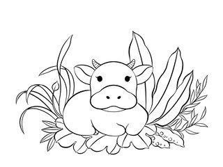 Cartoon cow and leaves, digital illustraion, black and white.