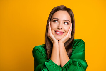 Close-up portrait of her she nice-looking attractive lovely creative cheerful dreamy straight-haired girl touching cheeks fantasizing isolated over bright vivid shine vibrant yellow color background