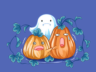 Illustration of halloween, pumpkin and ghost, digital art.