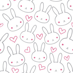 Cute grey bunnies and line art rabbits with red hearts seamless pattern on white background. Great for kids fabric, textile, nursery decoration, card, scrapbooking. Surface pattern design.