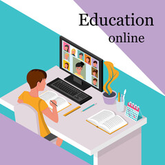 Pupil boy sitting in front of a computer at an online lesson. Teacher and classmates in the school online chat. Remote education. Vector isometric. E-learning landing page. Work desk with notebooks.