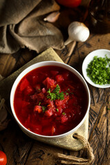 Traditional homemade beetroot soup with fresh parsley