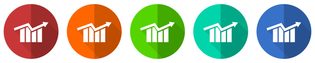 Graph icon set, arrow, growth, business, red, blue, green and orange flat design web buttons isolated on white background, vector illustration