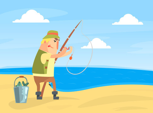 Amateur Fisherman Character Standing on Sea Shore and Catching Fish with Rod Cartoon Vector Illustration