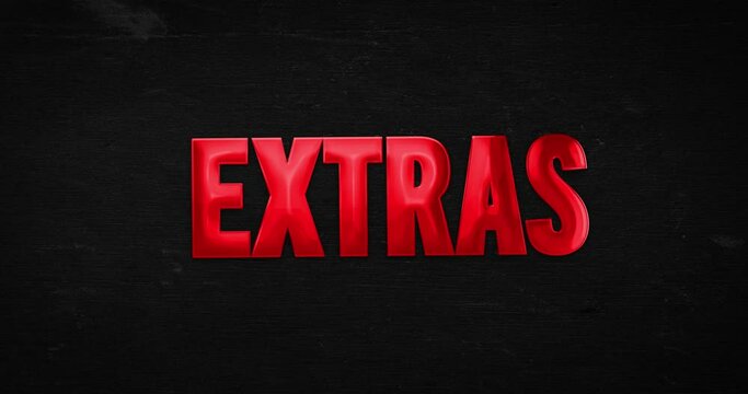 Extras. Gl&auml;nzendes Logo in rot wird in den Fokus gezoomt. Text Intro/Opener auf Hintergrund (schwarz). 4K Animation
