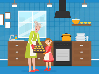 Grandma Baking Cookies with her Granddaughter, Elderly Woman Spending Time at Home with her Grandchild, Girl Stayed with her Grandma for Weekend Cartoon Vector Illustration