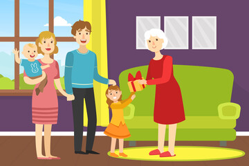 Girl Giving Holiday Present to Happy Grandmother, Relatives Congratulating Grandma with Birthday Party Event Cartoon Vector Illustration