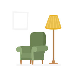 Cartoon flat vector set with green armchairs and torch