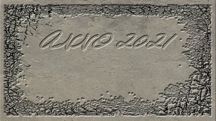 Greeting card with frame and ANNO 2021 lettering - background designed as a concrete surface - 3D illustration