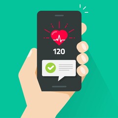 Heart health check test on mobile phone app tracker person hand vector, smartphone and man heartbeat good pulse cardiogram line flat cartoon illustration, medical cardiology beat cellphone application