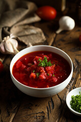 Traditional homemade beetroot soup with fresh parsley