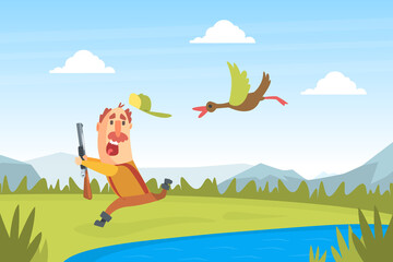 Funny Man Hunter Character Running away from Flying Duck Bird Cartoon Vector Illustration