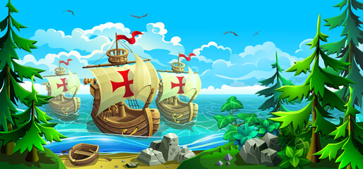 Wooden European ships with sails. Conquistadors conquer new lands. Rocky coastline with firs and sandy beach. Vector illustration.
