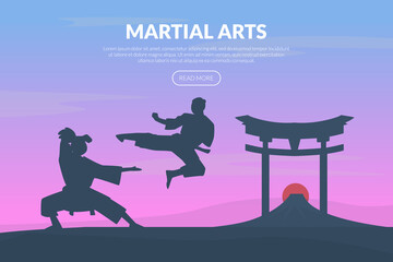 Martial Arts Banner Template with Asian Fighters, Karate, Judo, Taekwondo, Aikido School Website, Homepage Design Vector Illustration