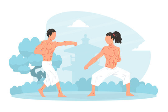 Two Strong Muscular Asian Men Martial Art Fighters Training Outdoors Cartoon Vector Illustration