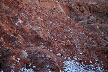 textures of various clay layers underground in  clay quarry after  geological study of  soil. colored layers of clay and stone in  section of  earth, different rock formations and soil layers.