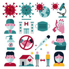 A set with vector flat design coronavirus COVID-19 related icons and illustrations