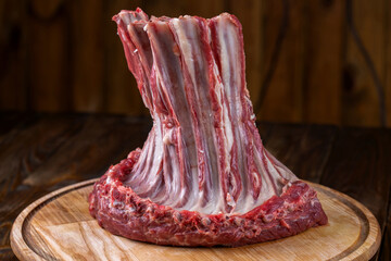 Fresh lamb ribs on the cutting board. Raw meat