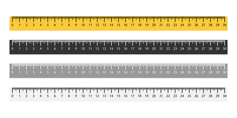 Set of ruler metric measurement in yellow and black colors. Isolated measure tool from 1 to 30 cm. Horizontal rulet with mm sign. Distance measuring math instrument. Vector EPS 10.