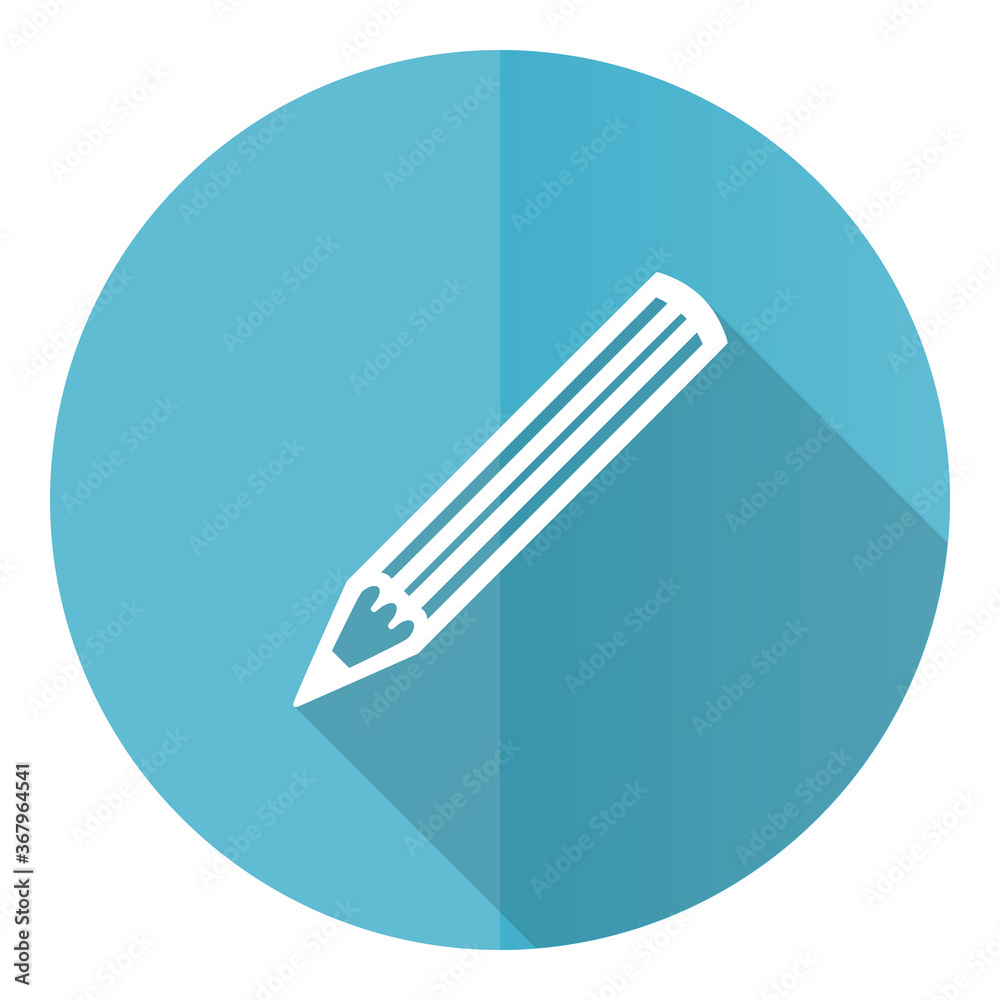 Poster pencil vector icon, flat design blue round web button isolated on white background