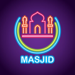 masjid or islamic centre neon sign for Muslims Pray. vector illustration