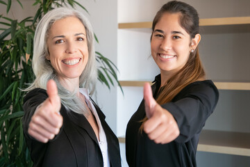 Confident office employers thumbing up and smiling. Two happy professional businesswomen standing together and posing at meeting room. Teamwork, business and cooperation concept