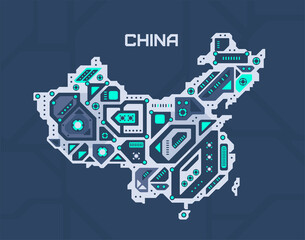 Abstract futuristic map of China. Mechanical circuit of the country. Techonology space background.