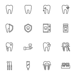 Dental treatment line icons set, outline vector symbol collection, linear style pictogram pack. Signs, logo illustration. Set includes icons as healthy teeth, toothache, dentist tool, dental braces