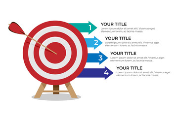 Dartboard arrows hitting target, objective achieved, target concept with four steps infographics - obrazy, fototapety, plakaty