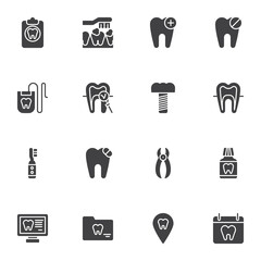 Dentistry vector icons set, modern solid symbol collection, filled style pictogram pack. Signs, logo illustration. Set includes icons as implant tooth, dental floss, mouthwash bottle, toothbrush