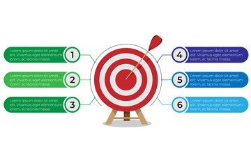 Dartboard arrows hitting target, objective achieved, target concept with six steps infographics