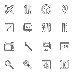 Graphic design line icons set, outline vector symbol collection, linear style pictogram pack. Signs, logo illustration. Set includes icons as designer tools, magic wand, website design, graphic tablet