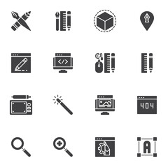 Graphic design vector icons set, modern solid symbol collection, filled style pictogram pack. Signs, logo illustration. Set includes icons as designer tools, magic wand, website design, graphic tablet